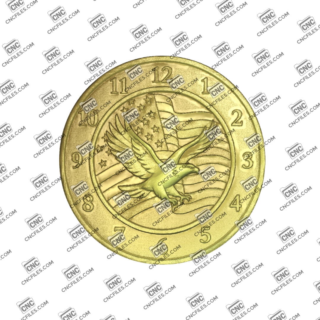 An image of a CNC file showing an American eagle with the US flag and Arabic numerals designed as a decorative wall clock.