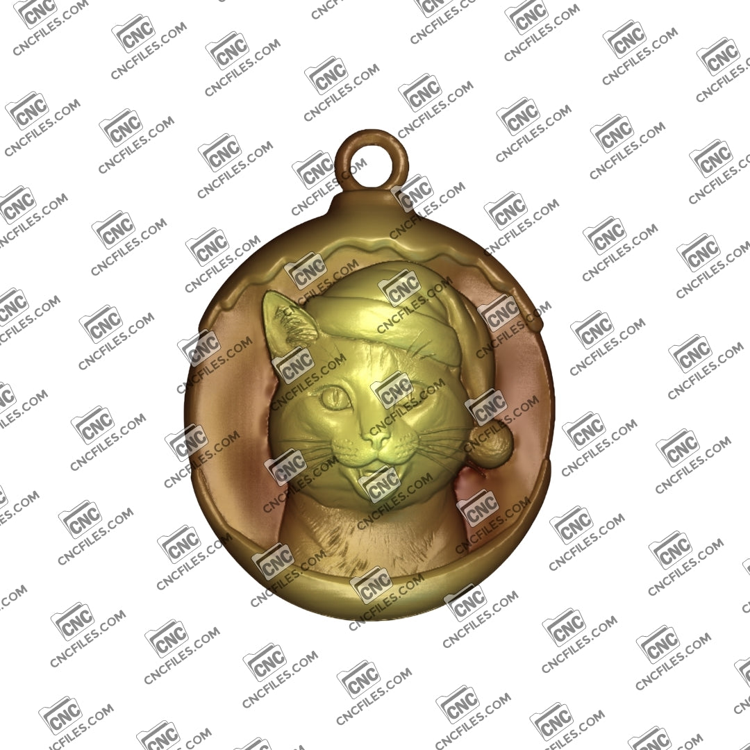 An image of a CNC file showing a cute cat wearing a Santa hat a 3D render of CNC file showing a detailed and festive ornament ready for carving or display.