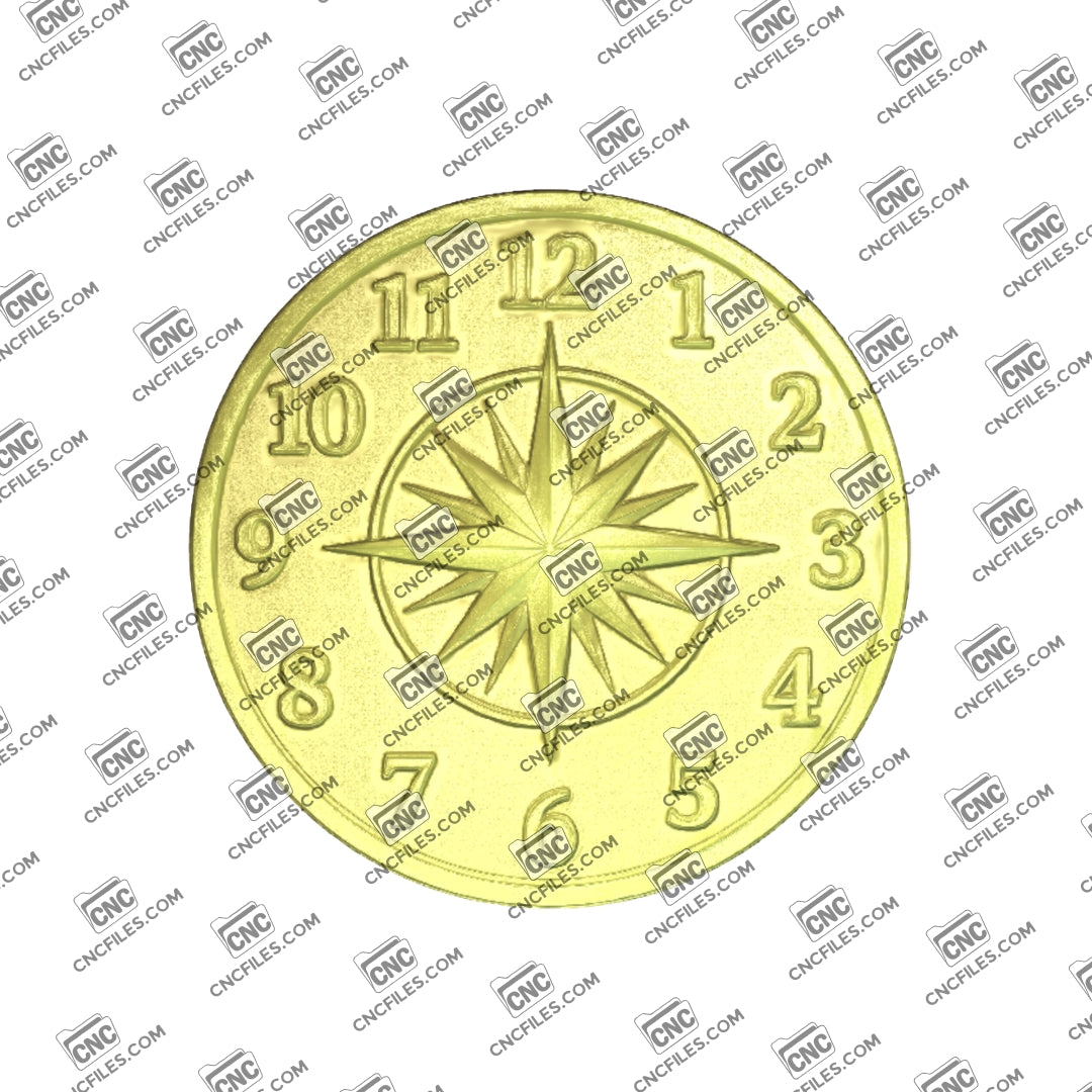 An image of a CNC file showing a classic compass rose clock with Arabic numerals, designed for wall display or decorative use.