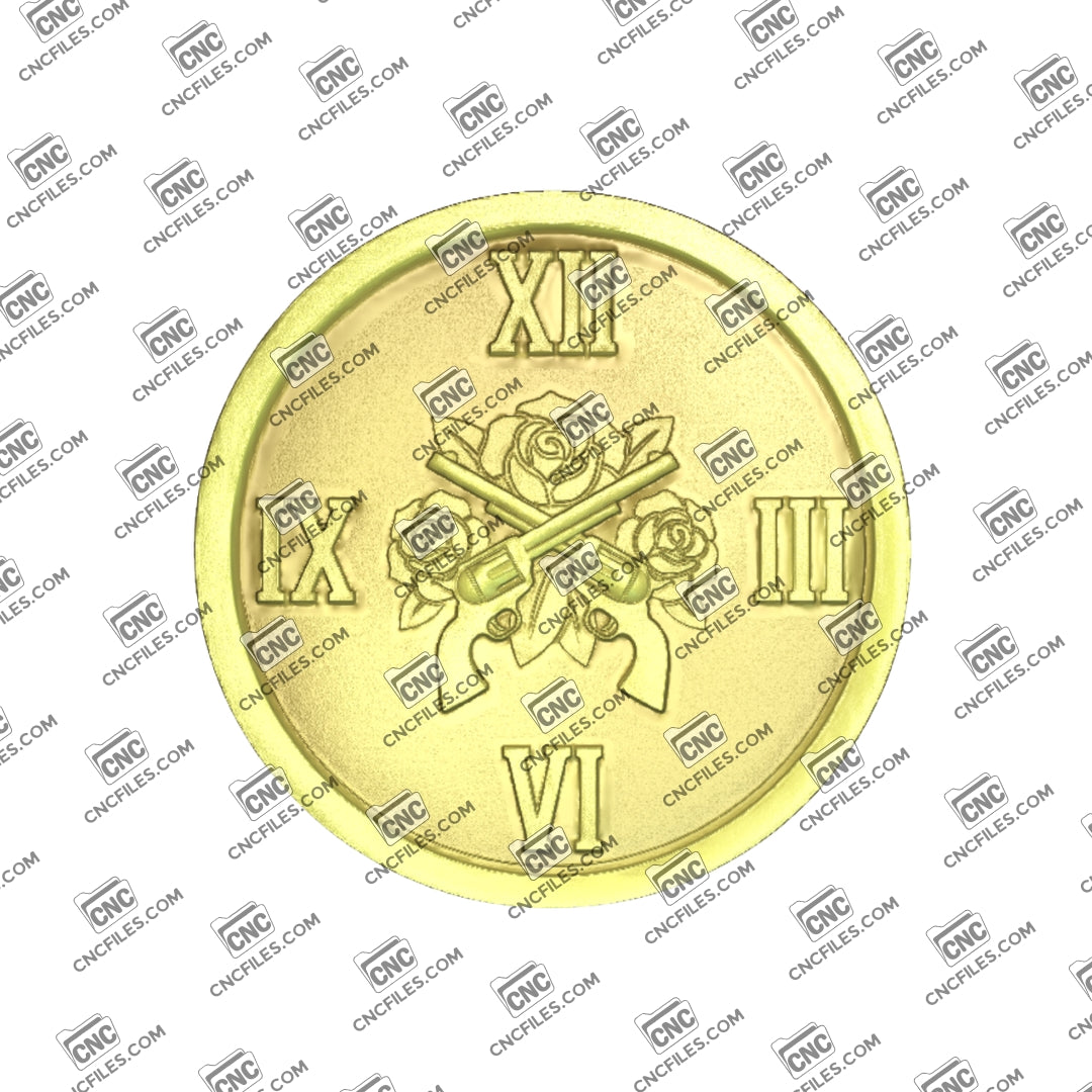 An image of a CNC file showing a crossed western pistols Roman clock design, intended for decorative wall clock projects.