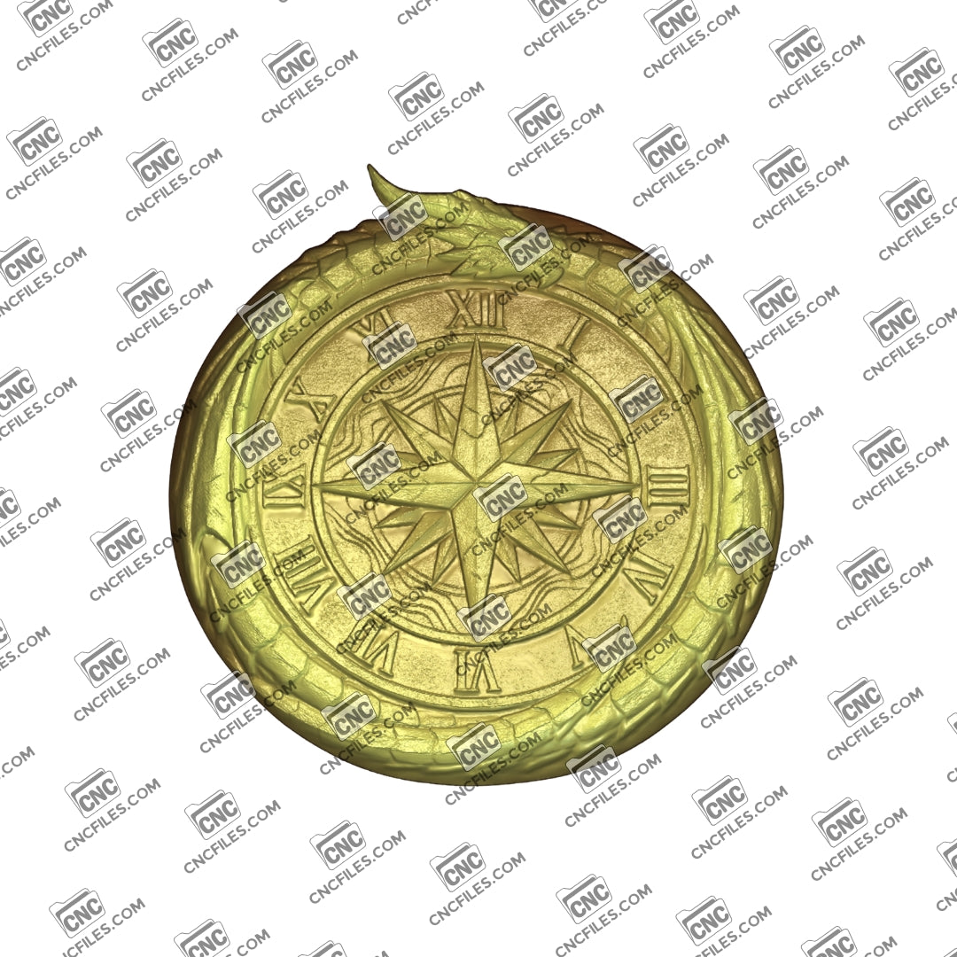 An image of a CNC file showing a dragon-themed clock face design intended for carving and creating a decorative wall clock.