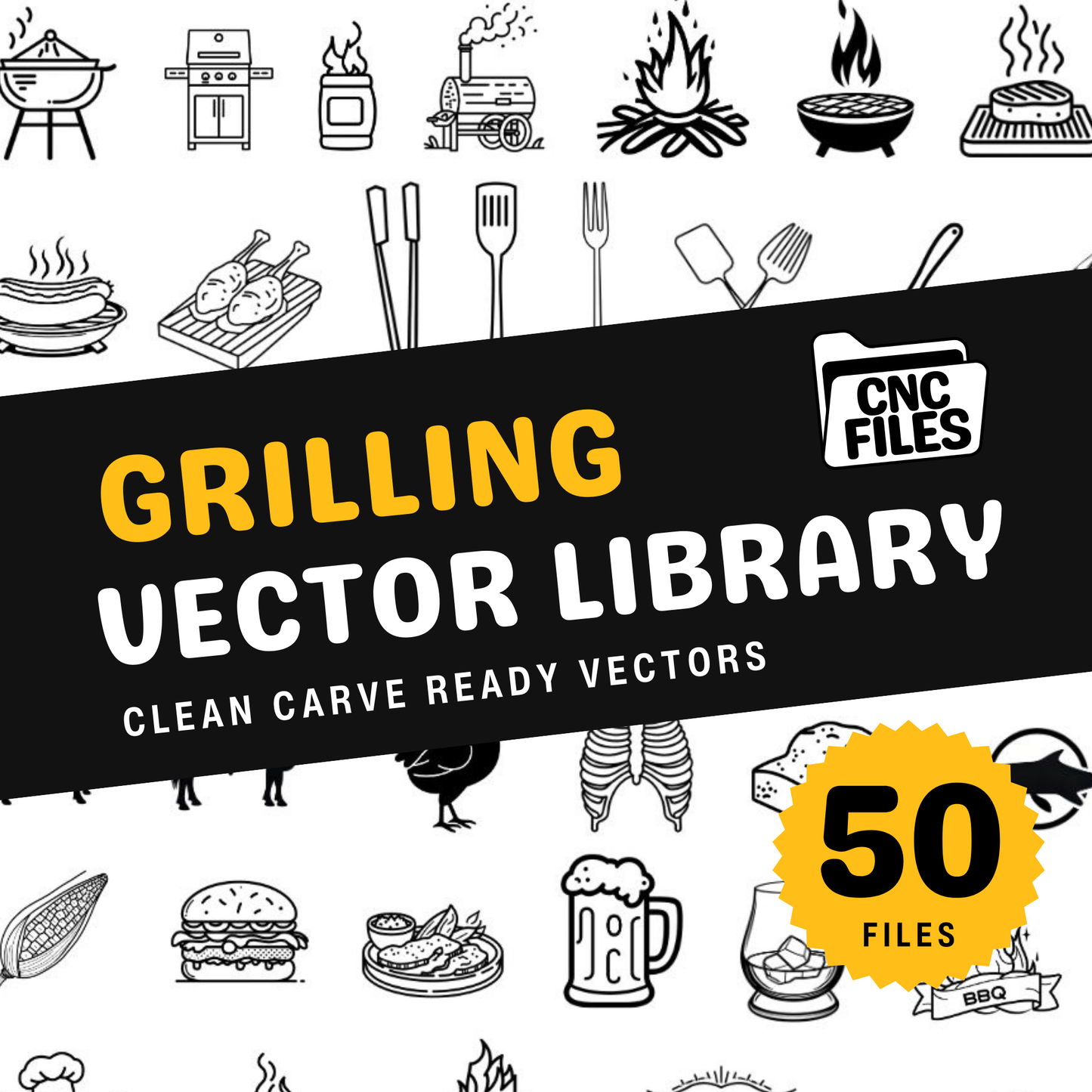A cover image to a grilling vector library product, with lots of images of grilling related items.