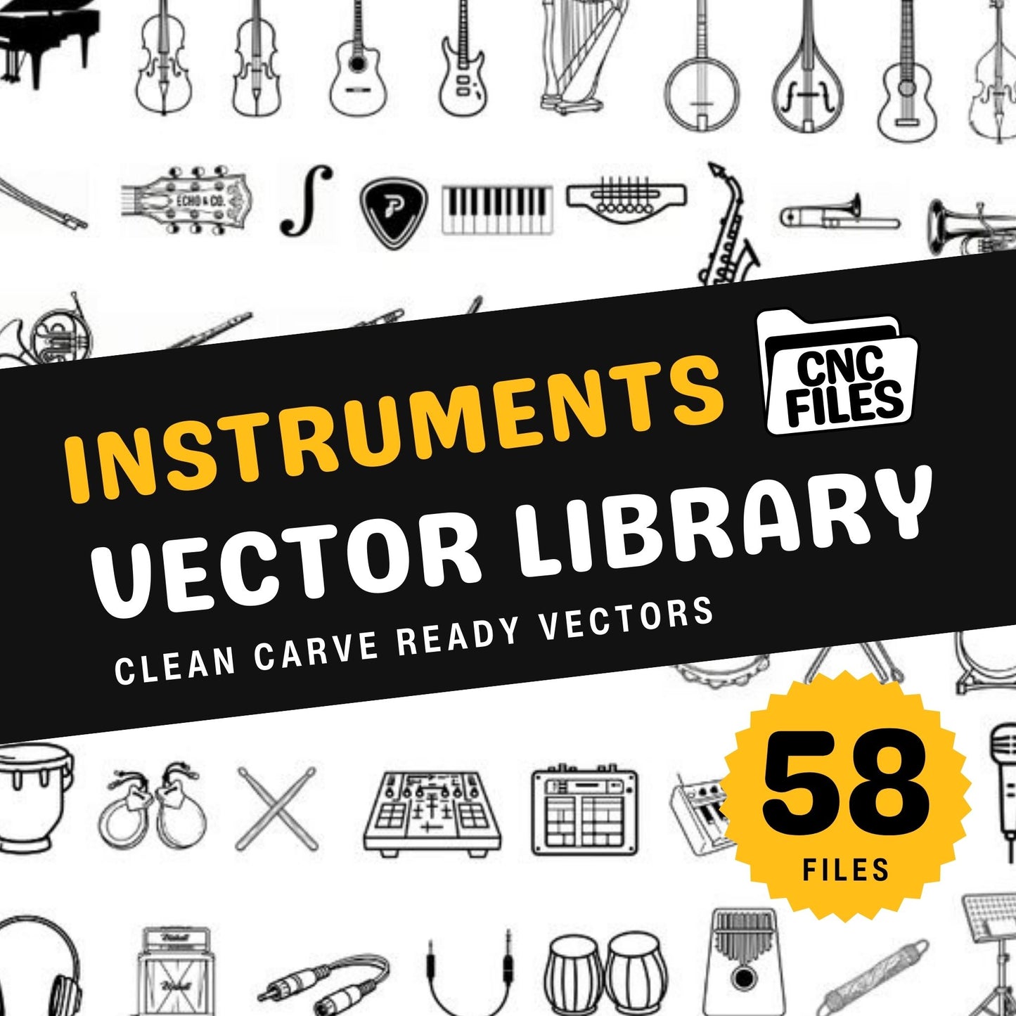 An image of a CNC file showing a collection of instrument-themed designs used for creating decorative or craft projects.