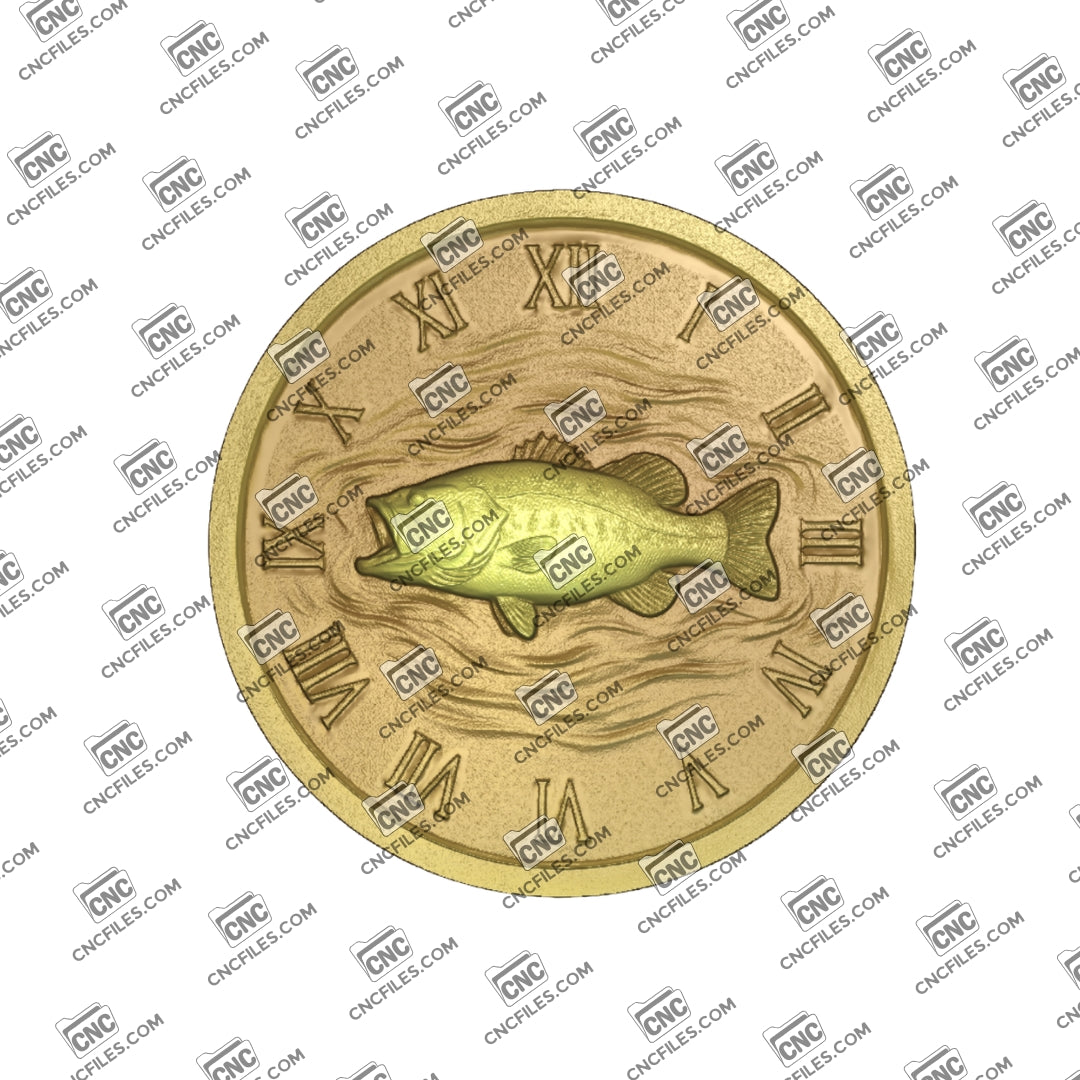 An image of a CNC file showing a largemouth bass fishing design with Roman numeral clock details intended for decorative wall clock projects.
