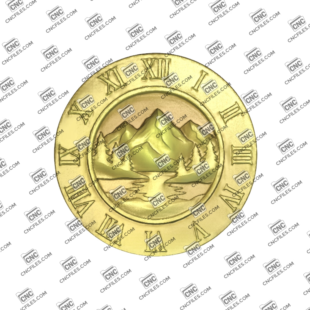 An image of a CNC file showing a mountain range silhouette wall clock with Roman numerals for a stylish home decor piece.