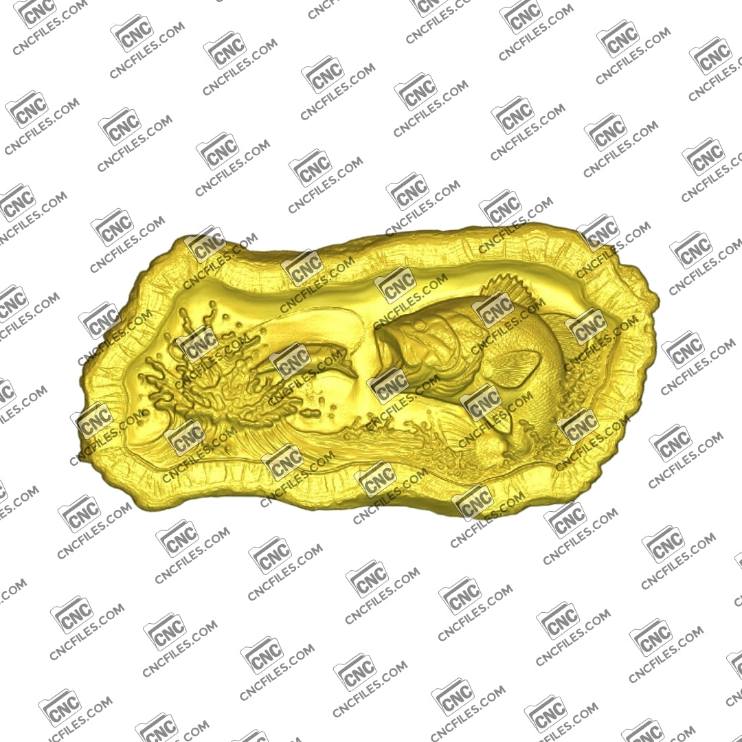 An image of 3D CNC file showing Stump Bass 12, 3D render of CNC file showing a detailed bass fish design, perfect for woodworking or custom decor projects.
