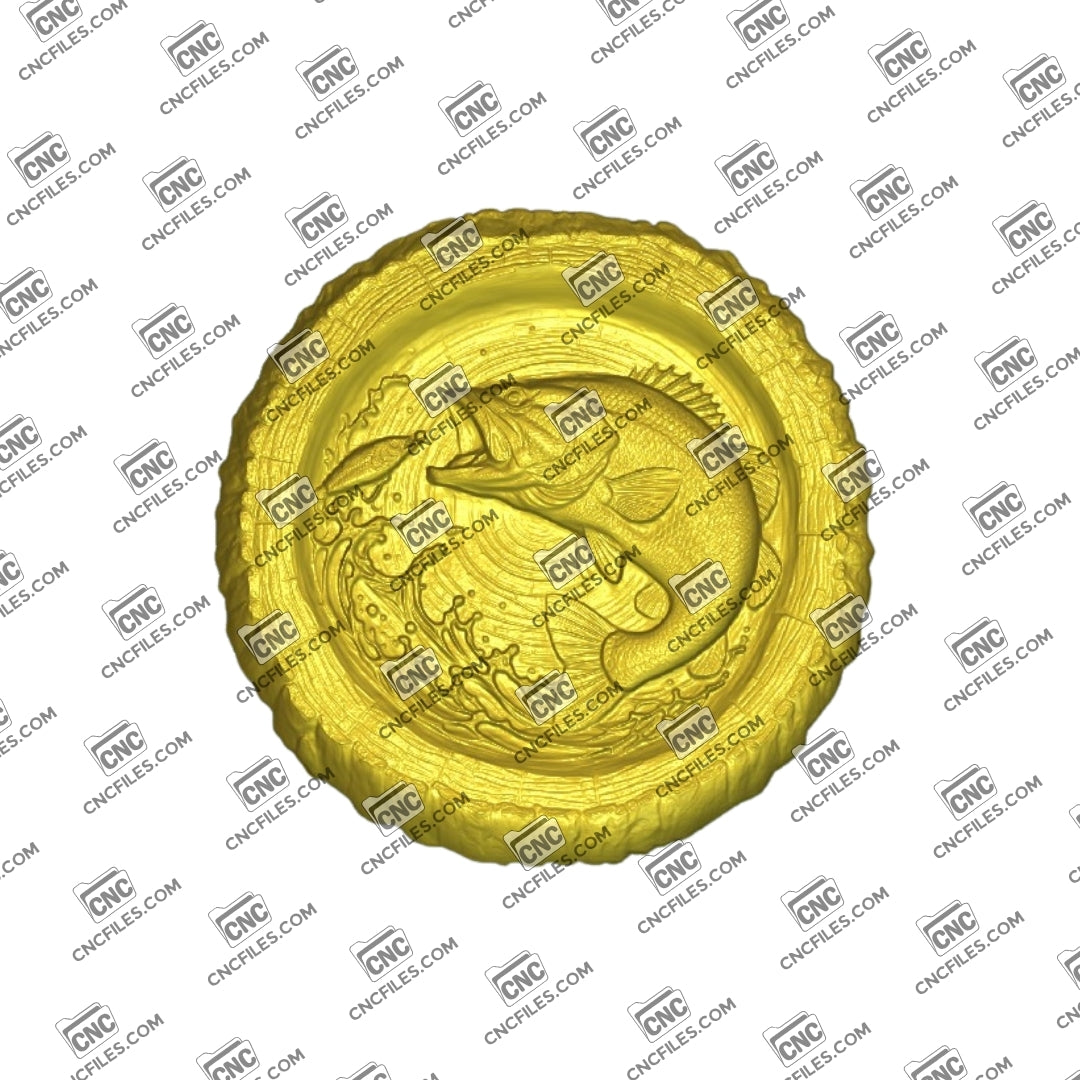 An image of 3D CNC file showing Stump Bass 4, 3D render of CNC file showing a detailed bass fish design, perfect for woodworking or custom decor projects.