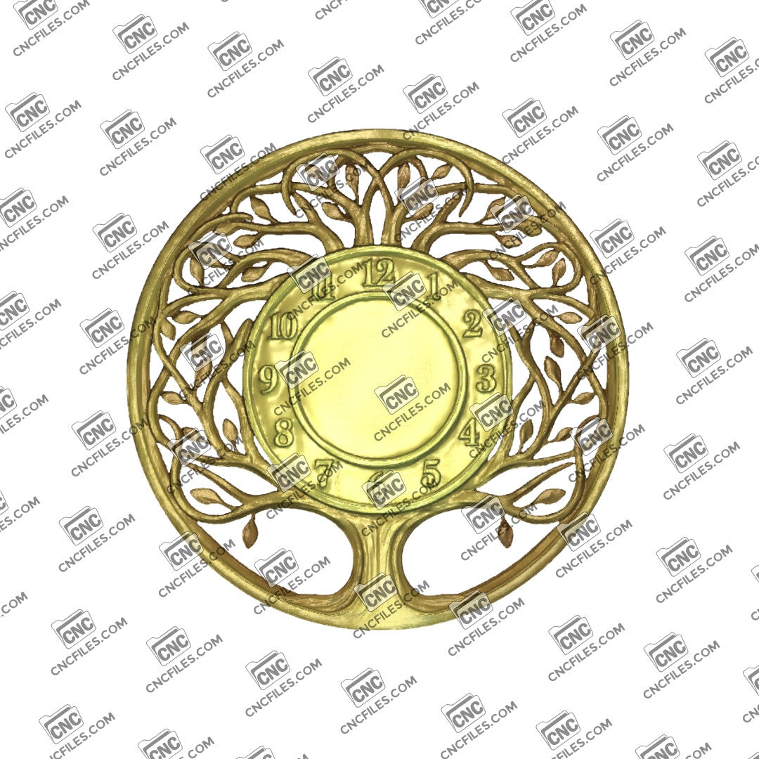 An image of a CNC file showing a Tree of Life wall clock with Arabic numerals, designed for decorative and functional home use.