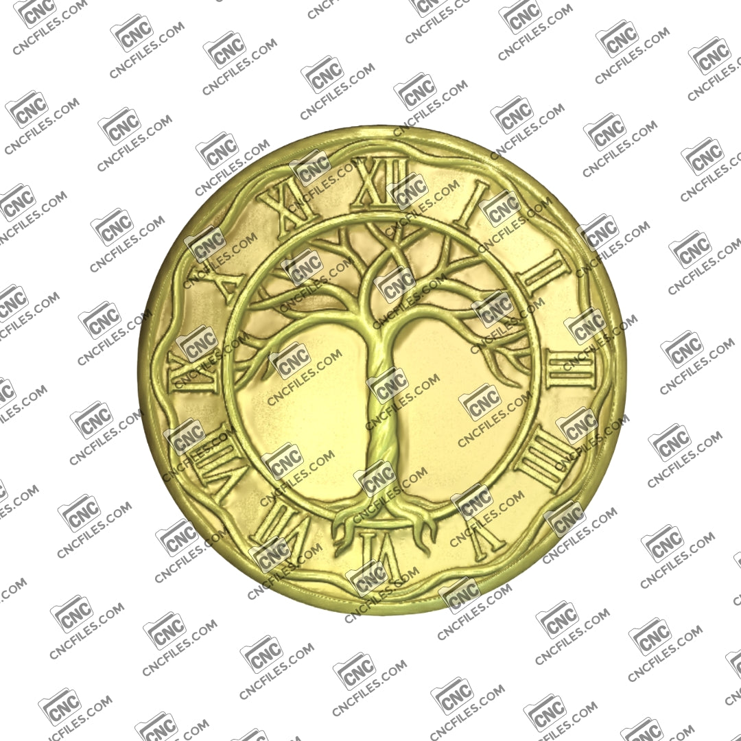 An image of a CNC file showing a Tree of Life clock with Roman numeral style design created for cutting and assembling a decorative wall clock.