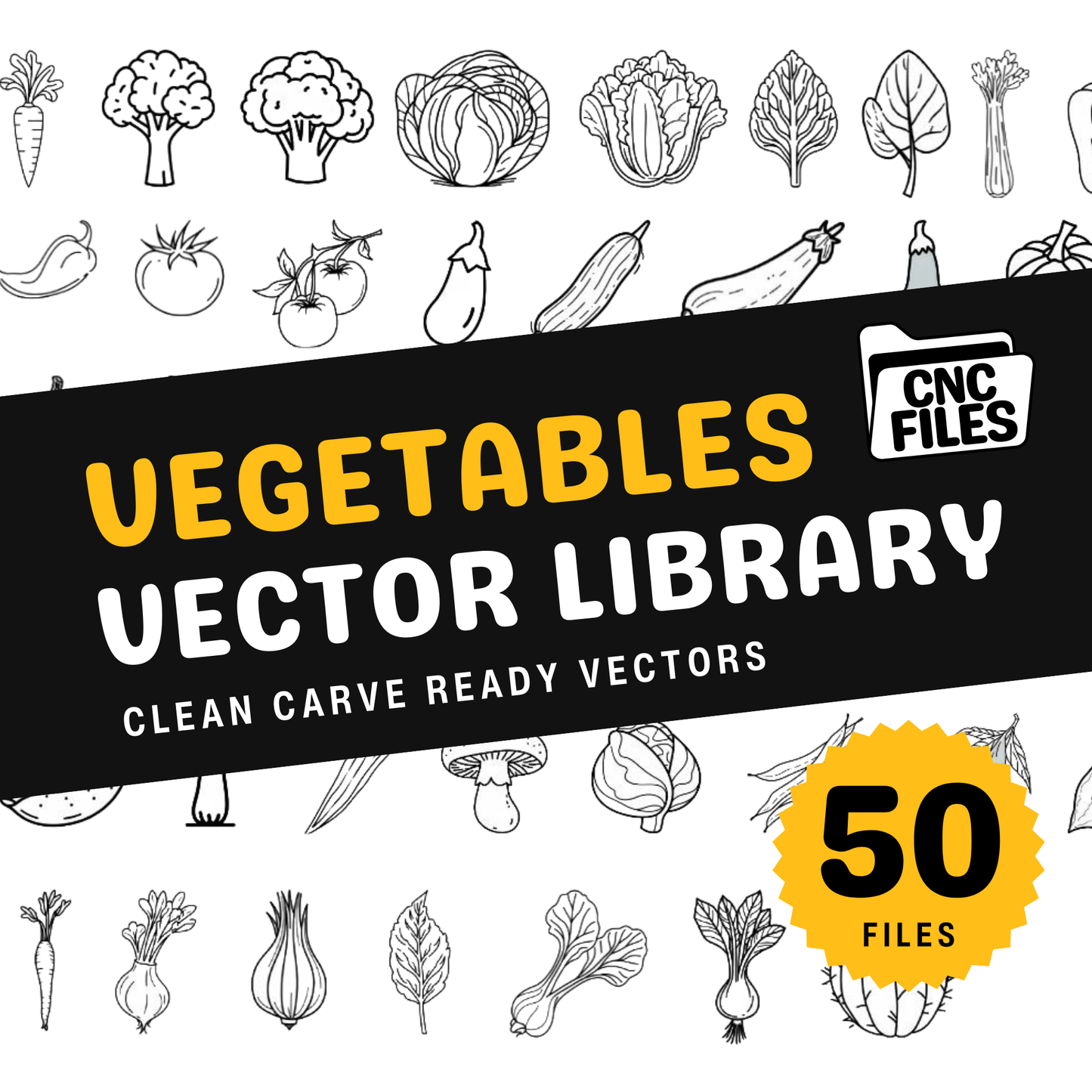 an image of the Vegetables CNC Vector Library cover containing lots of Vegetable themed line drawings