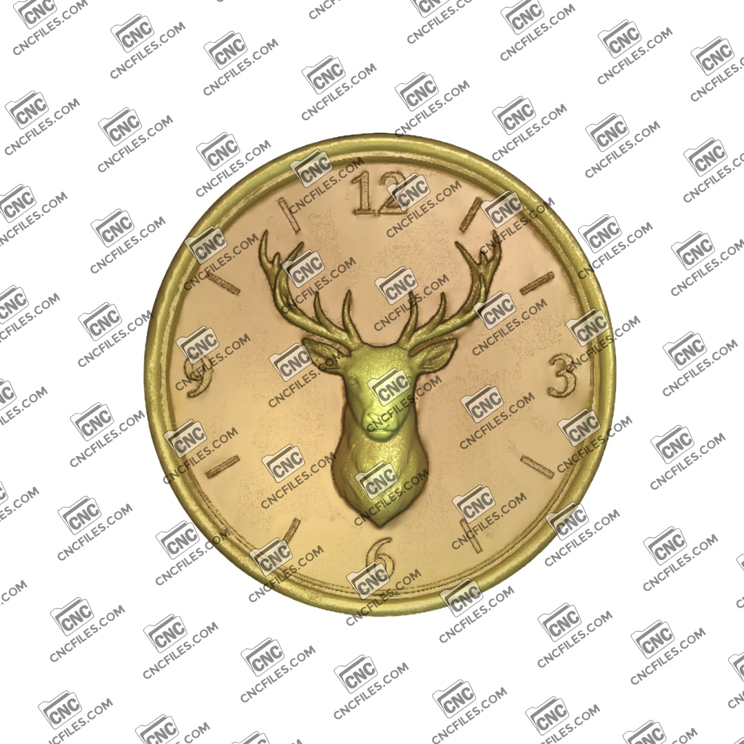 An image of a CNC file showing a white-tailed deer trophy clock with Arabic numerals, designed as a decorative wall piece.