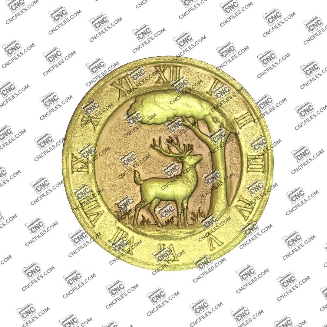 An image of a CNC file showing a White-Tailed Deer Trophy Roman Clock 2 designed for wall display with decorative clock details.