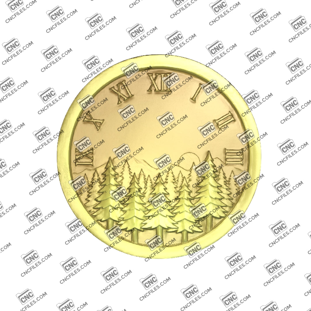 An image of a CNC file showing a Wilderness Pine Forest Roman Clock designed for creating a decorative wooden wall clock with nature-inspired details.
