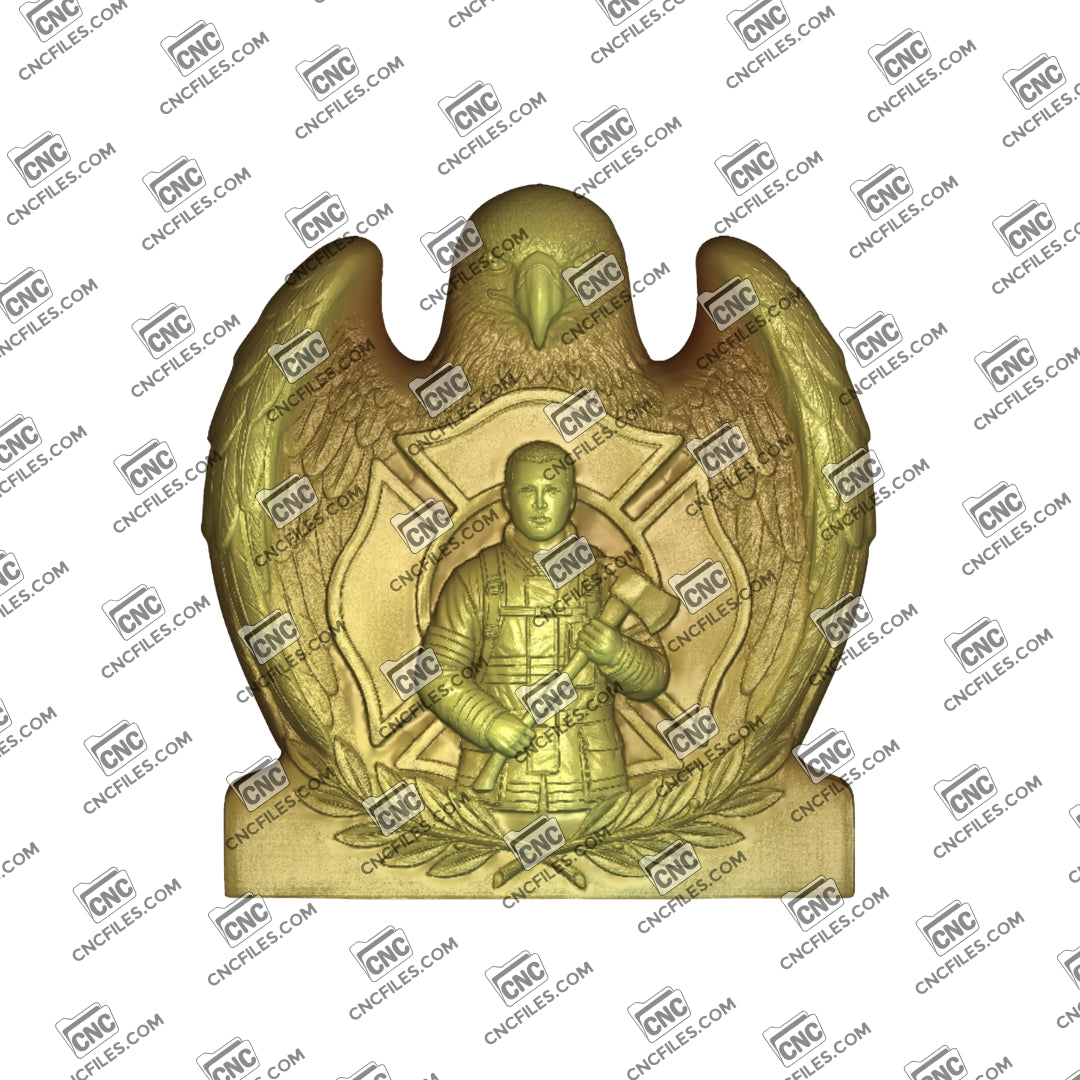 An image of a CNC file showing a detailed male firefighter design titled “Wings of Service,” intended for decorative carving or tribute-themed projects.