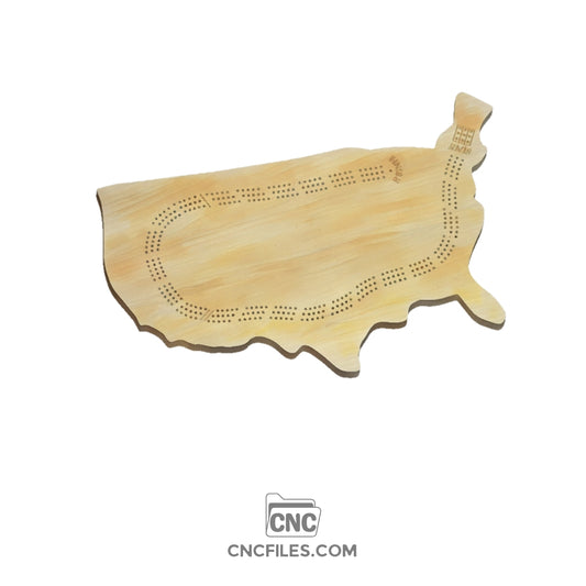 An image of a CNC file showing a 3 Person USA Cribbage Board design with three tracks and a map outline.