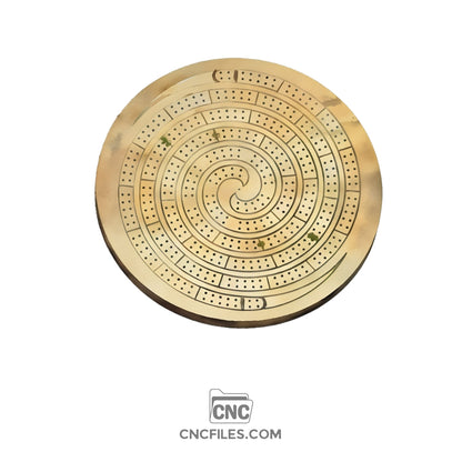 An image of a CNC file showing a Spiral Standard Cribbage Board with evenly spaced peg holes arranged in a spiral pattern.