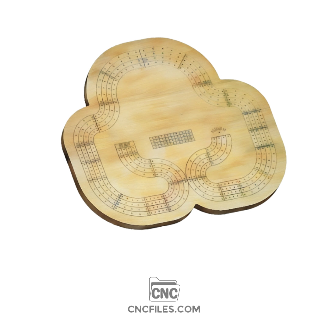 An image of a CNC file showing a 4 Person Standard Cribbage Board design with detailed peg holes and score tracks.