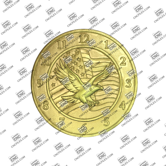 An image of a CNC file showing an American eagle with the US flag and Arabic numerals designed as a decorative wall clock.