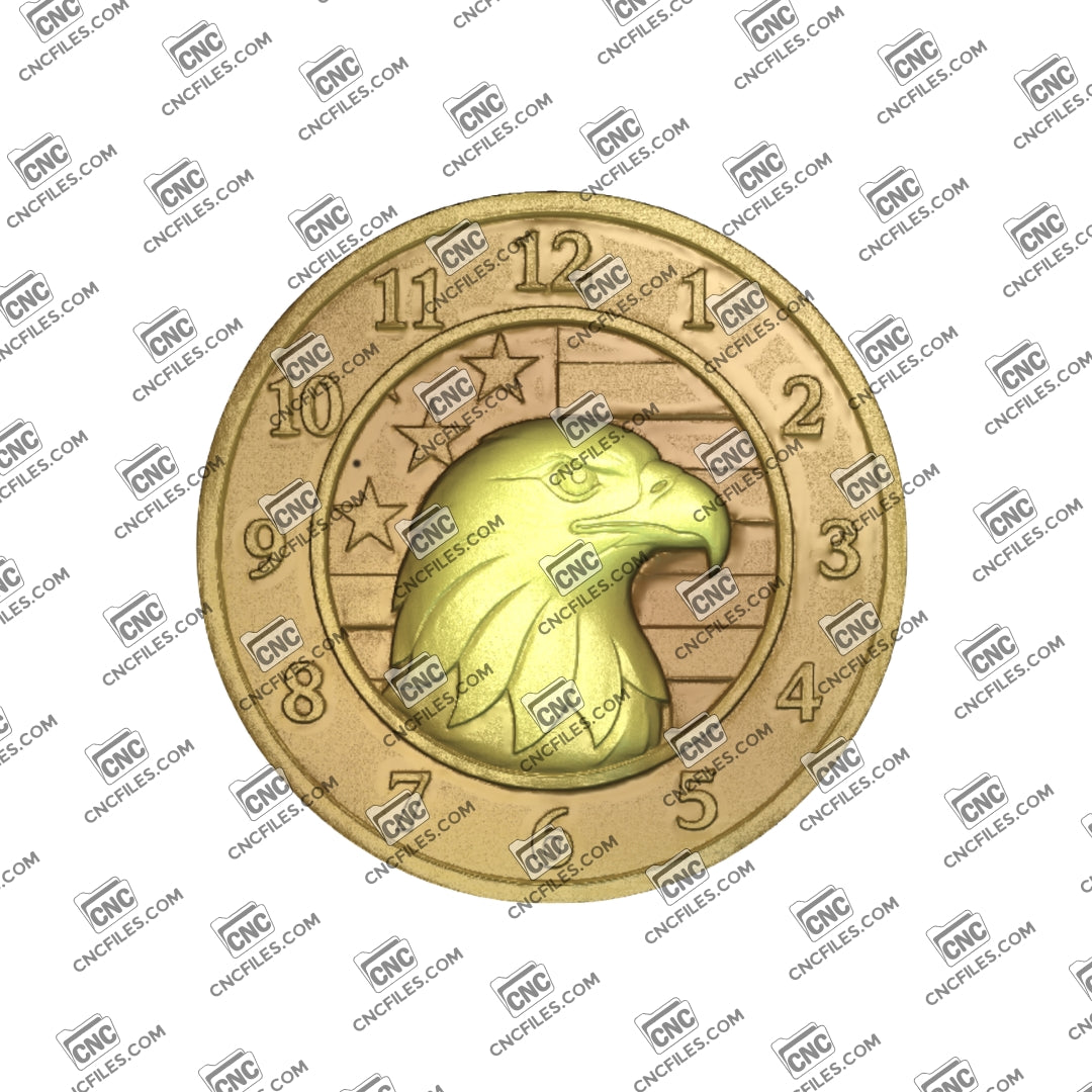 An image of a CNC file showing an American eagle and flag wall clock with Arabic numerals designed for decorative time display.