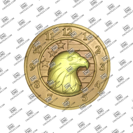 An image of a CNC file showing an American eagle and flag wall clock with Arabic numerals designed for decorative time display.