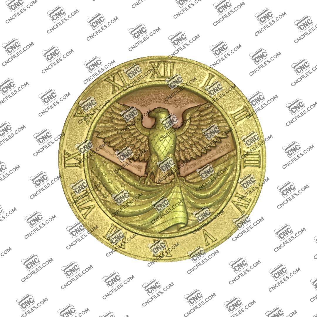 An image of a CNC file showing an American eagle and flag themed clock with Roman numerals designed for decorative wall display.