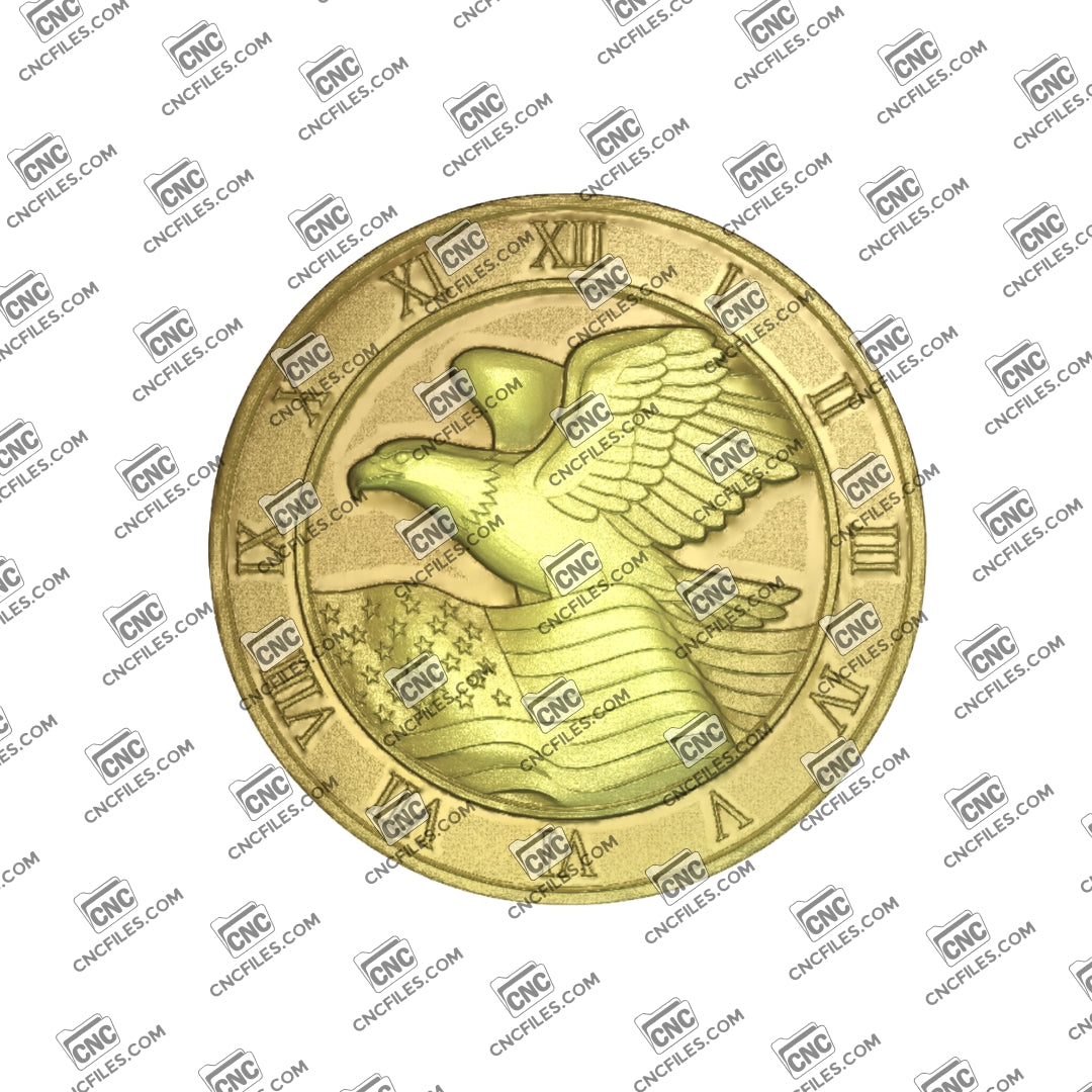An image of a CNC file showing an American eagle and flag wall clock with Roman numeral design used for decorative time display.