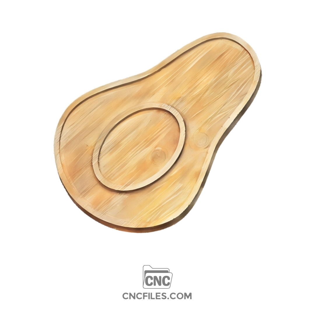 An image of a CNC file showing an Avocado Cheese Tray design with smooth cutouts and detailed engraving, suitable for laser or CNC carving projects.