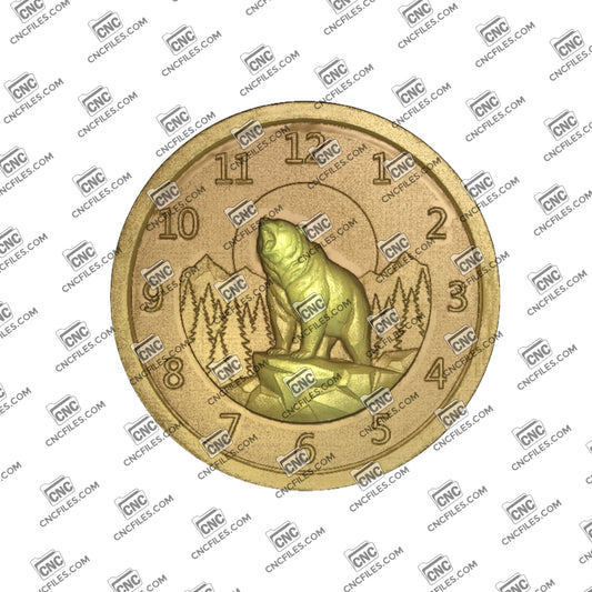 An image of a CNC file showing a bear in the woods themed wall clock design with Arabic numerals intended for decorative home or cabin use.