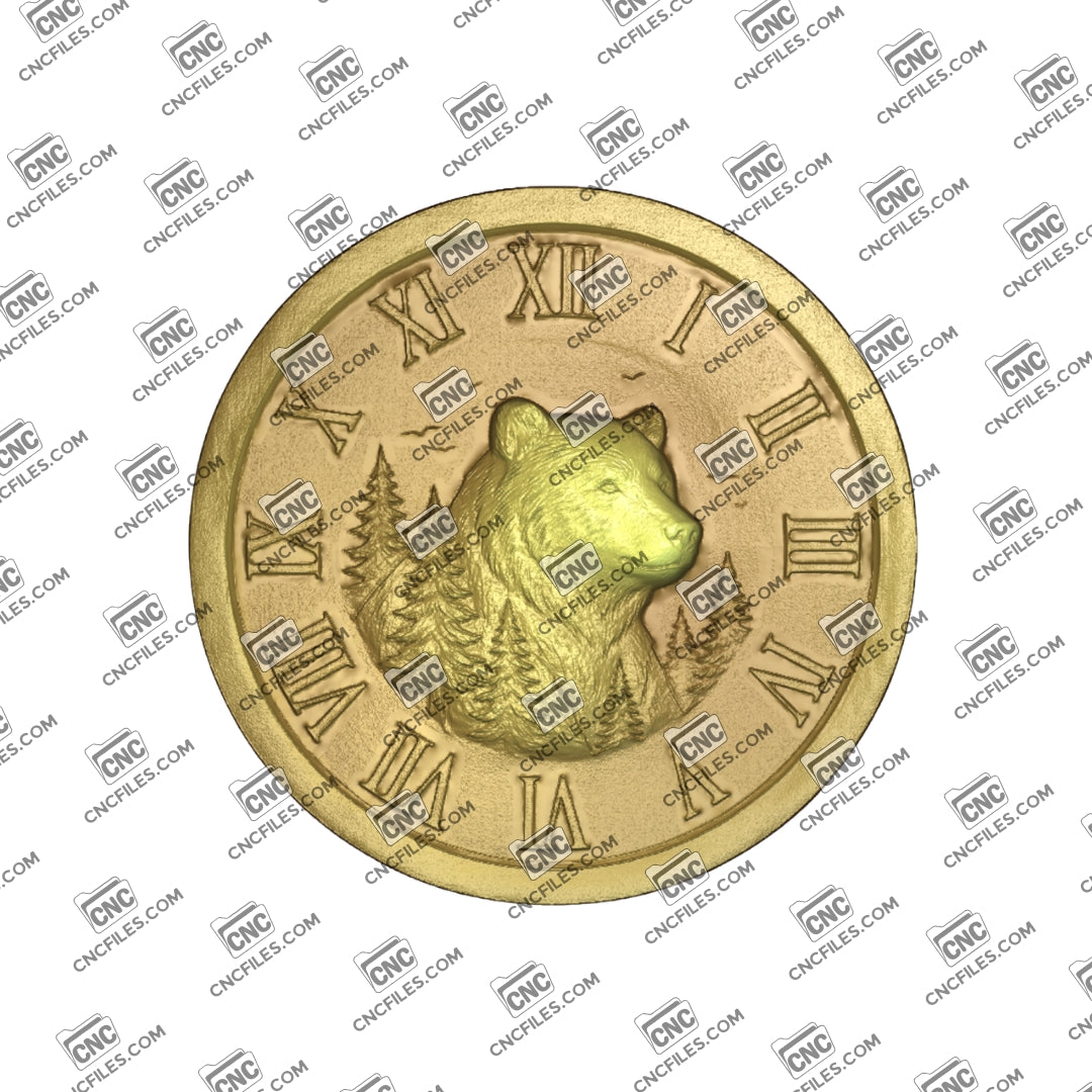 An image of a CNC file showing a bear in the woods Roman clock design intended for wall décor and time display projects.