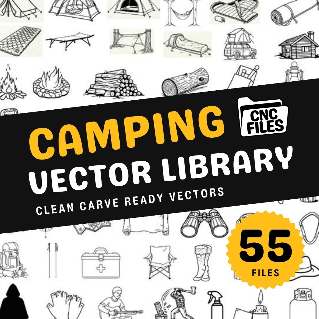 An image of a CNC file showing camping-themed designs with outdoor elements like tents and campfires used for crafting and decorative projects.