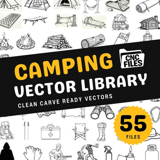 An image of a CNC file showing camping-themed designs with outdoor elements like tents and campfires used for crafting and decorative projects.