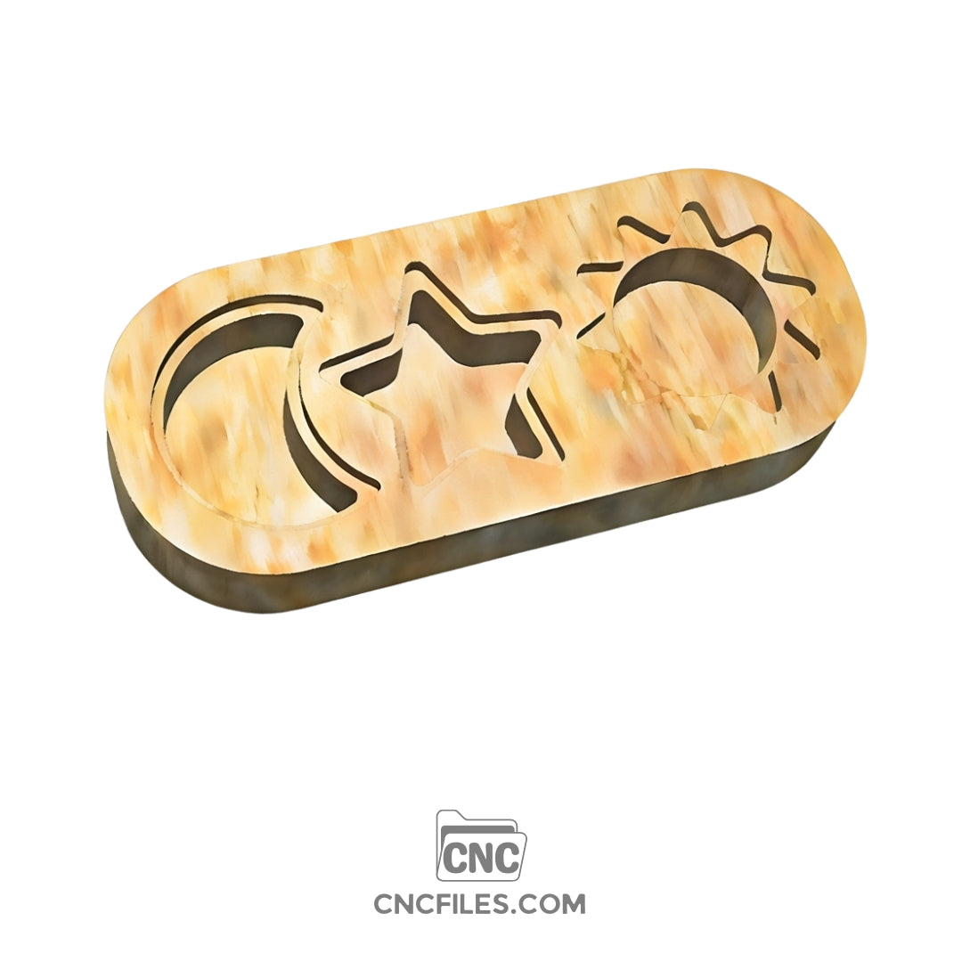 An image of a CNC file showing a celestial themed earring box with an acrylic lid designed for storing and displaying small jewelry items.