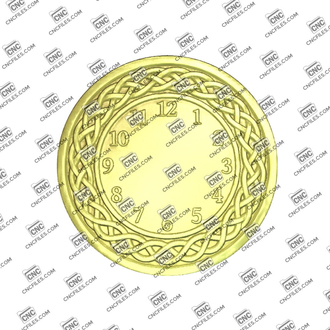 An image of a CNC file showing a Celtic knotwork Arabic clock design with decorative interlaced patterns and Arabic numerals intended for wall clock projects.