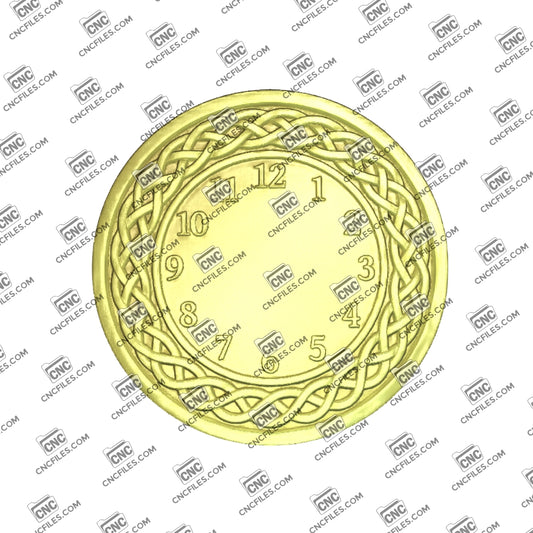 An image of a CNC file showing a Celtic knotwork Arabic clock design with decorative interlaced patterns and Arabic numerals intended for wall clock projects.