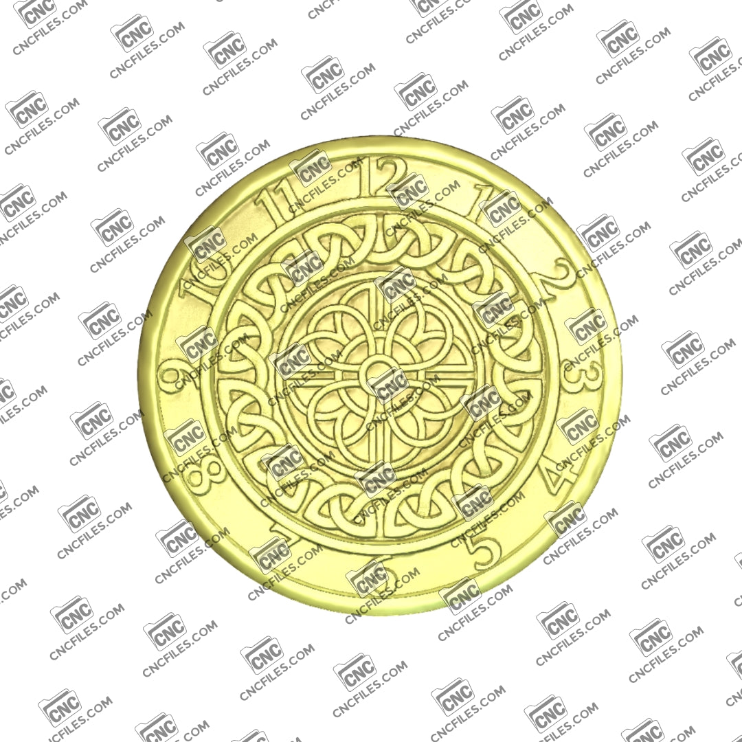An image of a CNC file showing the Celtic Knotwork Arabic Clock 2 design with decorative knot patterns and Arabic numerals intended for wall clock projects.
