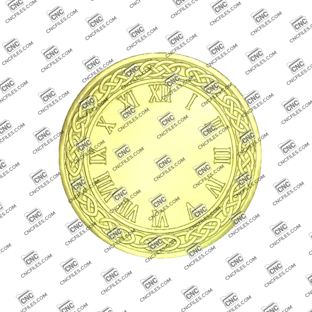 An image of a CNC file showing a Celtic knotwork Roman clock design with decorative patterns and Roman numerals intended for wall clock projects.