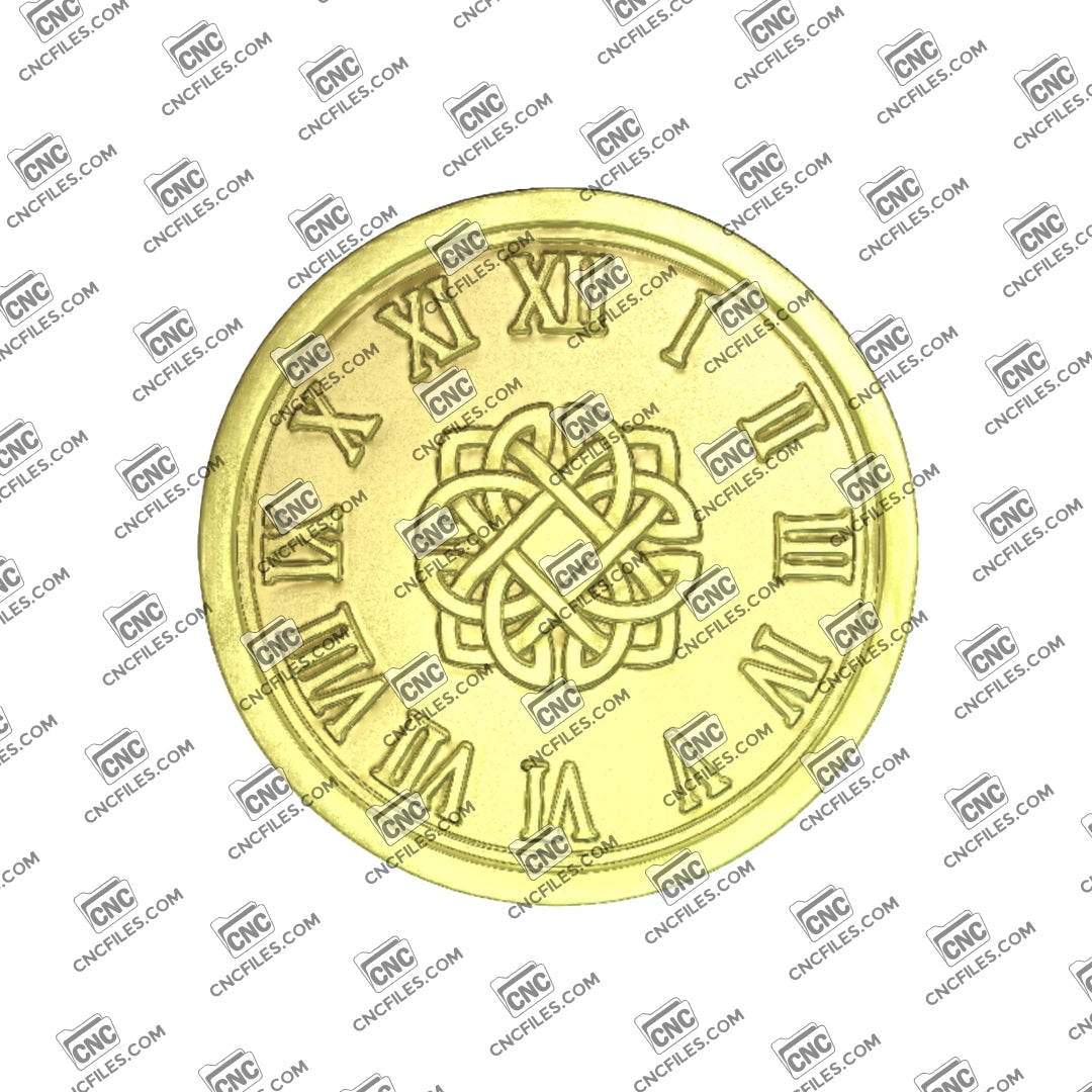 An image of a CNC file showing a Celtic knotwork Roman clock design with Roman numerals intended for decorative wall clock projects.