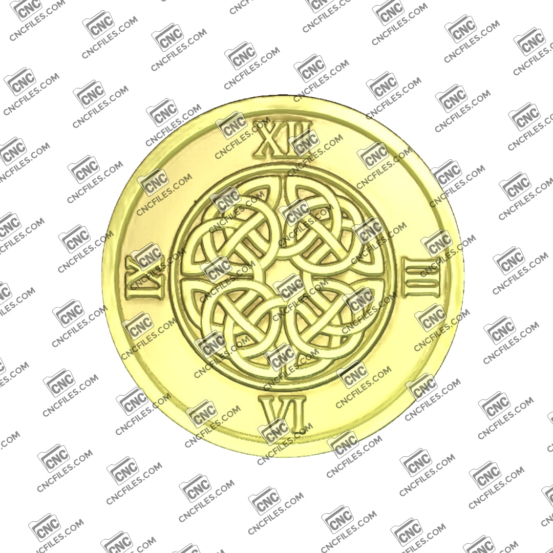 An image of a CNC file showing a Celtic knotwork Roman clock design with Roman numerals intended for decorative wall clock projects.