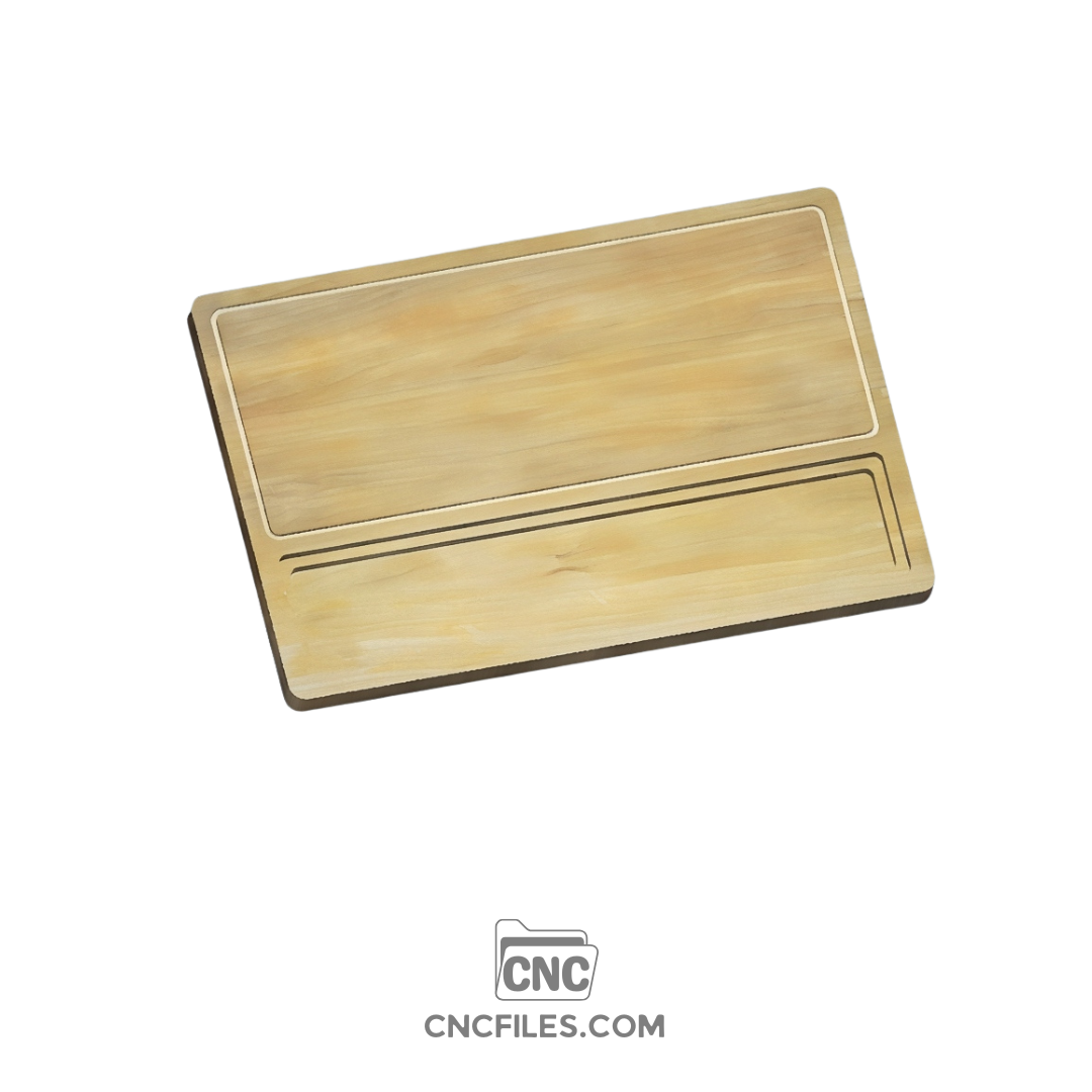 An image of a CNC file showing a cheese board with a removable crumb tray, designed for easy engraving and clean cutting.