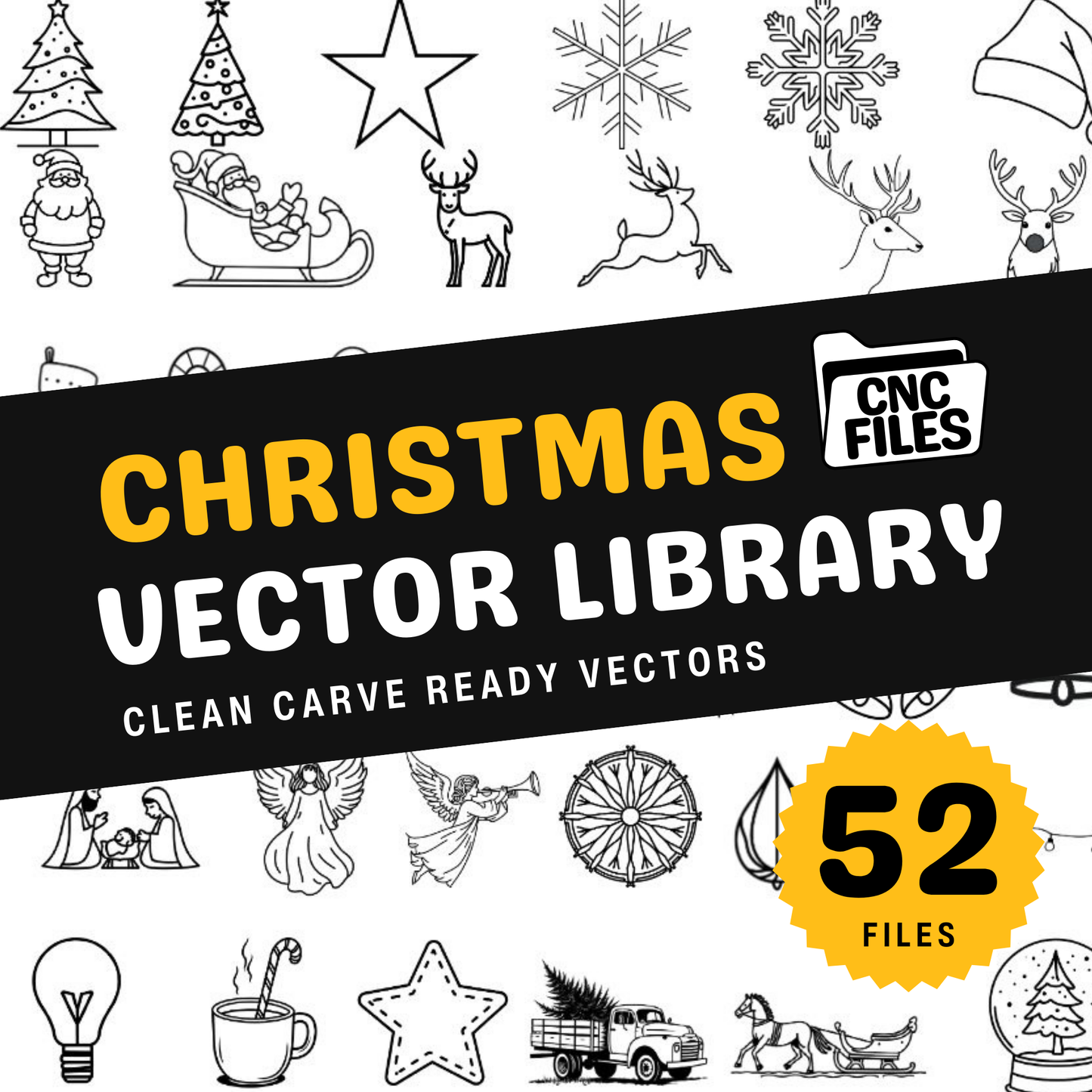 an image of the Christmas CNC Vector Library cover containing lots of chrismas themed line drawings