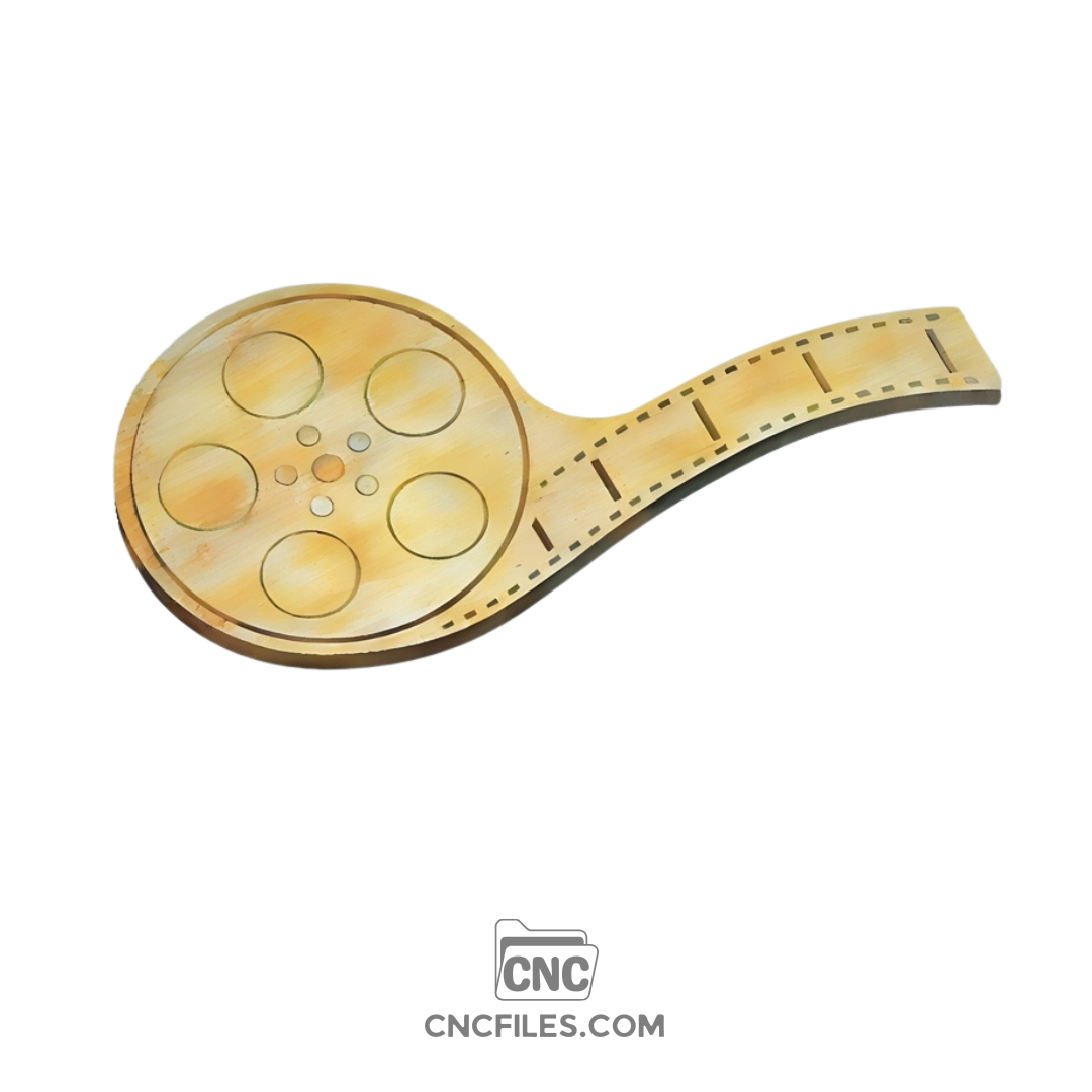 An image of a CNC file showing a cinema film–style cheese board shaped like a movie film strip, designed for serving snacks, cheese, or appetizers.