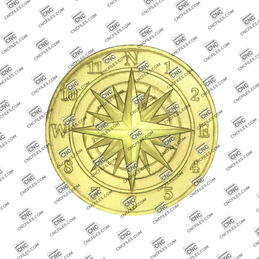 An image of a CNC file showing a classic compass rose clock with Arabic numerals, designed for wall display or decorative use.