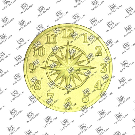 An image of a CNC file showing a classic compass rose clock with Arabic numerals, designed for wall display or decorative use.