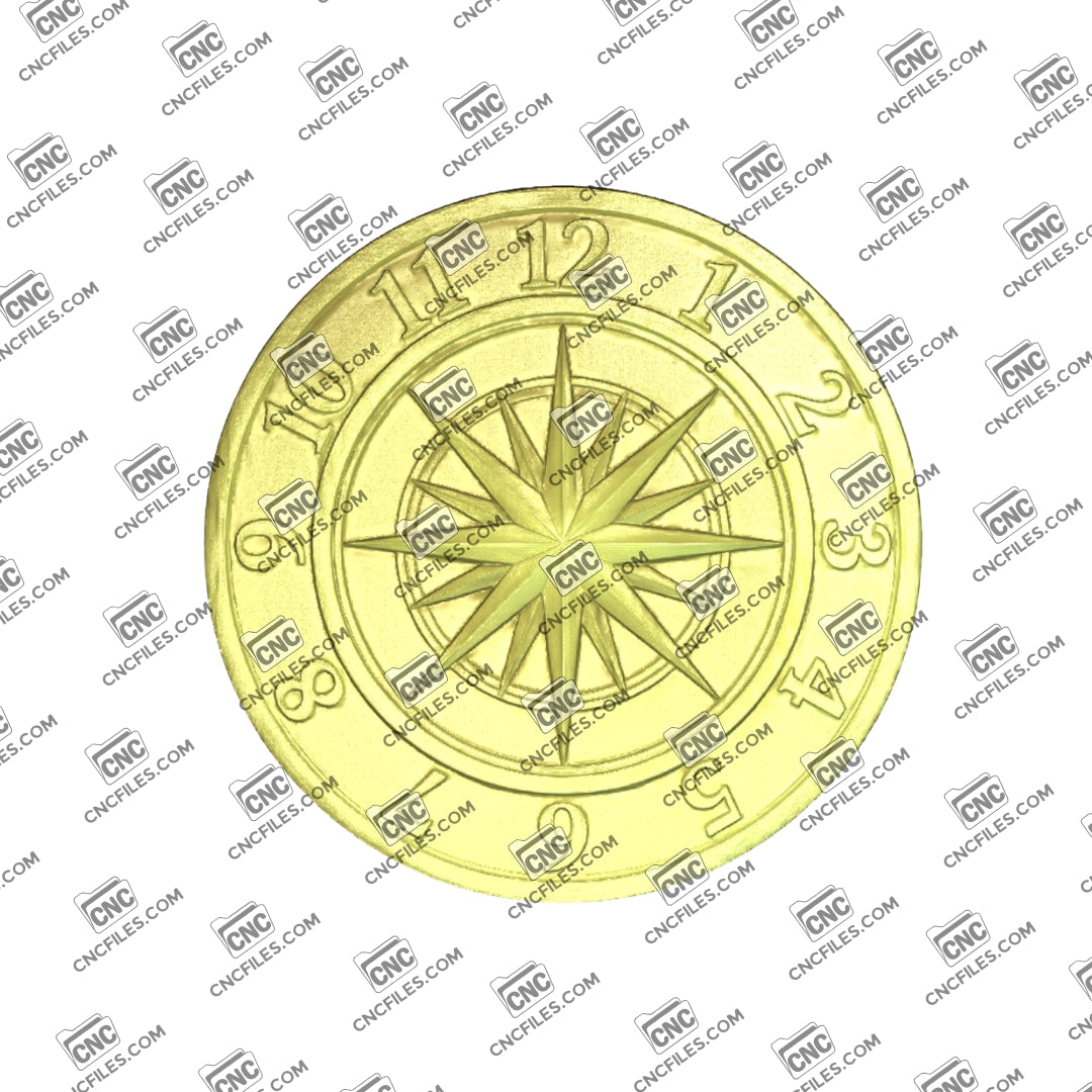 An image of a CNC file showing a classic compass rose clock with Arabic numerals, designed for precise time display and decorative use.