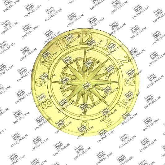 An image of a CNC file showing a classic compass rose clock with Arabic numerals, designed for precise time display and decorative use.