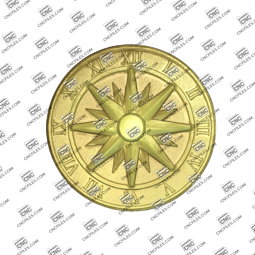 An image of a CNC file showing a classic compass rose Roman clock designed for decorative wall or tabletop use.