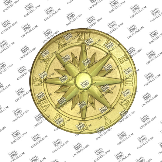 An image of a CNC file showing a classic compass rose Roman clock designed for decorative wall or tabletop use.
