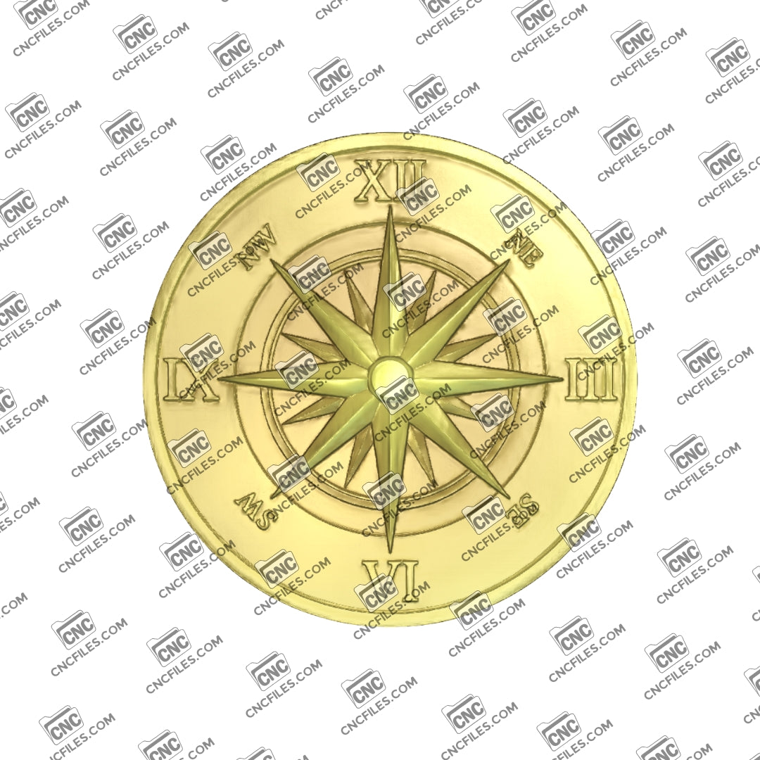 An image of a CNC file showing a classic compass rose Roman clock designed for decorative wall or tabletop use.