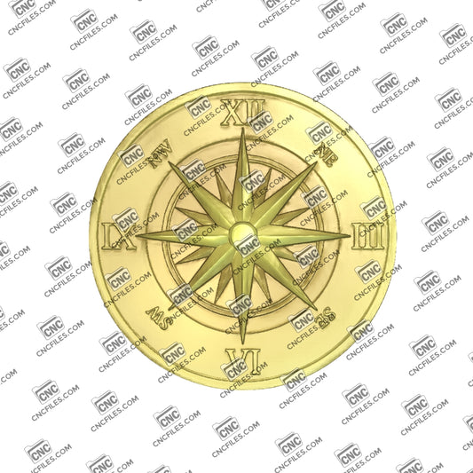 An image of a CNC file showing a classic compass rose Roman clock designed for decorative wall or tabletop use.