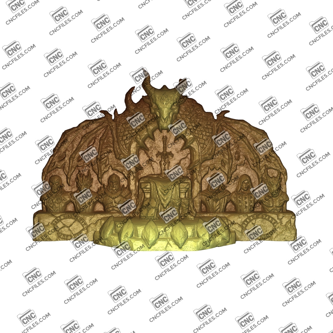An image of a CNC file showing a DnD Dracholic Cult ornament in 3D relief design featuring a fantasy dragon-themed emblem for decorative carving projects.